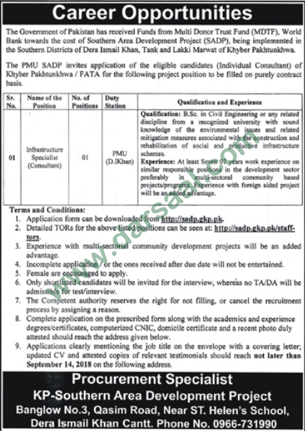Infrastructure Specialist Job in Southern Area Development Project, Dera Ismail Khan 26 August 2018