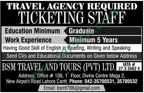Ticketing Jobs in BSM Tour & Travel, Lahore 26 August 2018