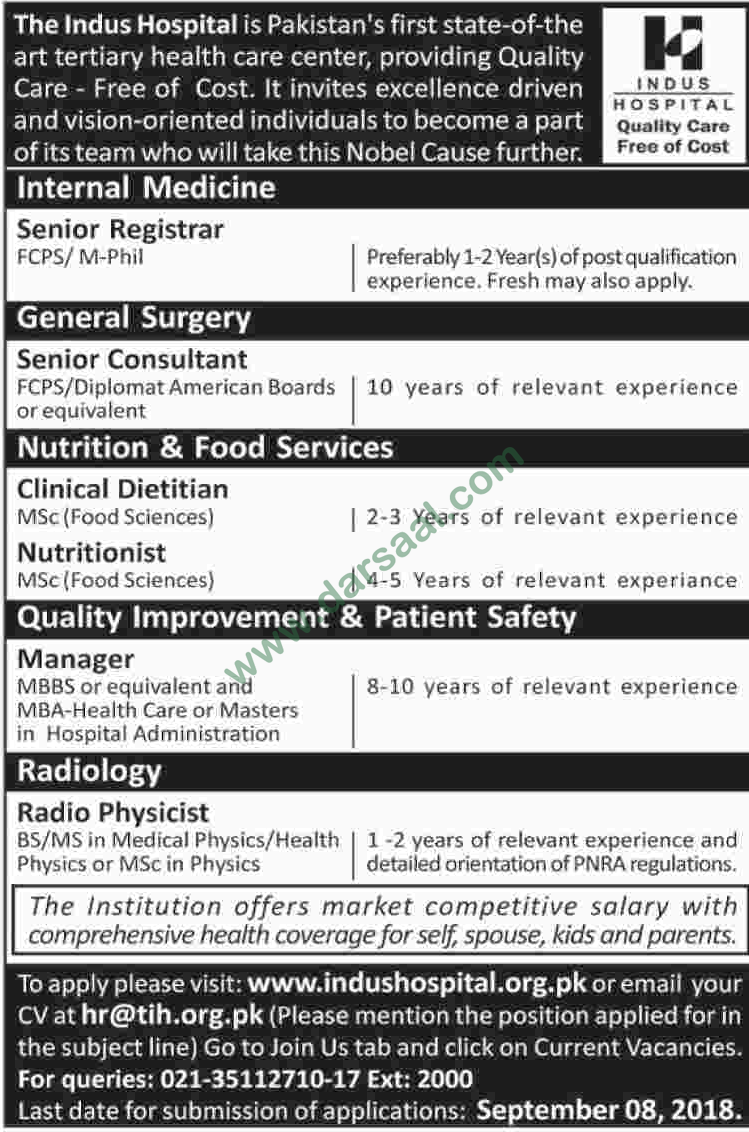 Registrar, Consultant, Manager Jobs in The Indus Hospital, Karachi 26 August 2018