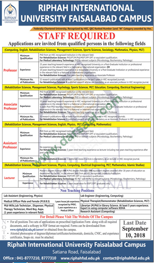 Professor, Associate Professor, Assistant Professor Jobs in Riphah International University, Faisalabad 26 August 2018
