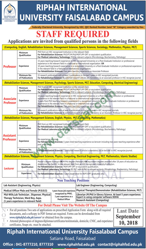Librarian, Research Assistant, Medical Officer Jobs in Riphah International University, Faisalabad 26 August 2018
