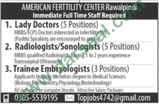 Doctor, Radiologist, Sonologist Jobs in American Fertility Center, Rawalpindi 26 August 2018