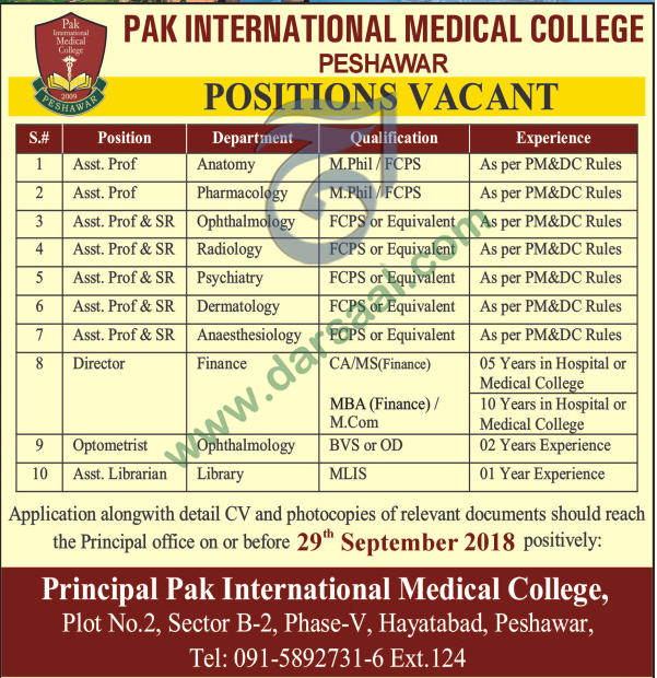 Director Jobs in Pak International Medical College in Peshawar - Sep 23, 2018