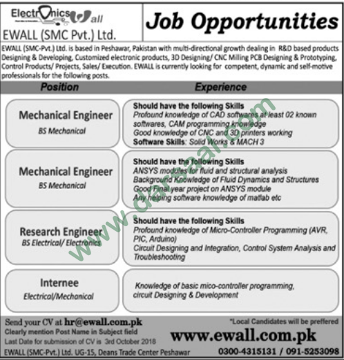 Mechanical Engineer Jobs in EWALL in Peshawar - Sep 23, 2018