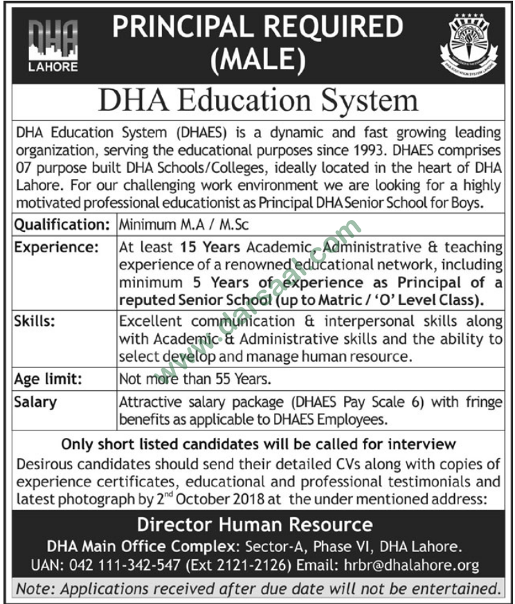 Principal Jobs in DHA Education System in Lahore - Sep 23, 2018