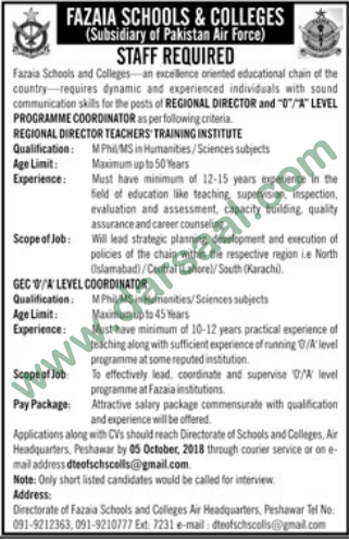 Programme Coordinator Jobs in Fazaia Schools & Colleges in Peshawar - Sep 23, 2018