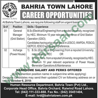 General Manager Jobs in Bahria Town in Lahore - Sep 23, 2018