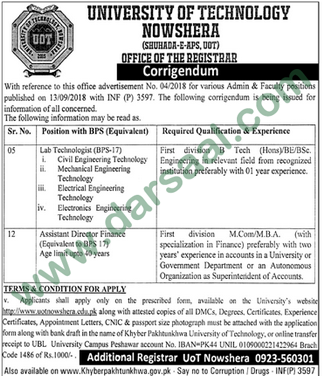 Laboratory Technologist Jobs in University of Technology in Nowshera - Sep 23, 2018