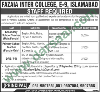 PTI Jobs in Fazaia Intermediate College in Islamabad - Sep 23, 2018