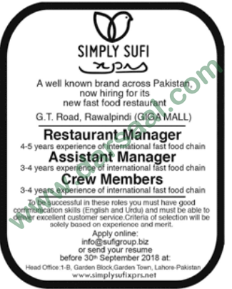 Assistant Manager Jobs in Simply Sufi in Lahore - Sep 23, 2018