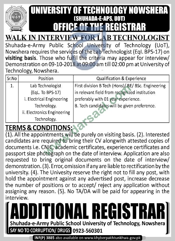 Laboratory Technologist Jobs in University of Technology in Nowshera - Oct 06, 2018
