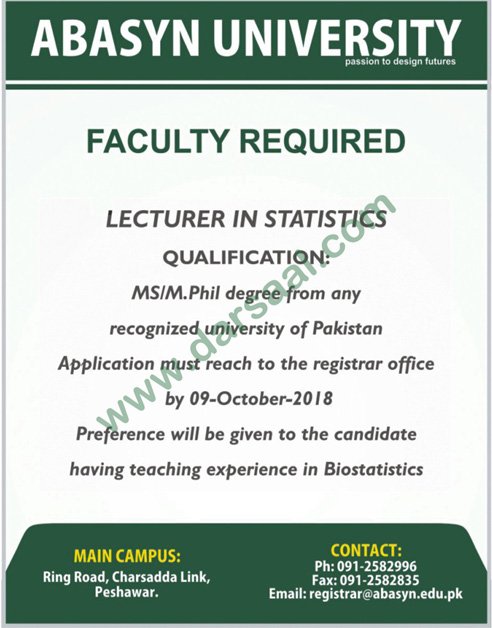 Lecturer Jobs in Abasyn University in Peshawar - Oct 06, 2018