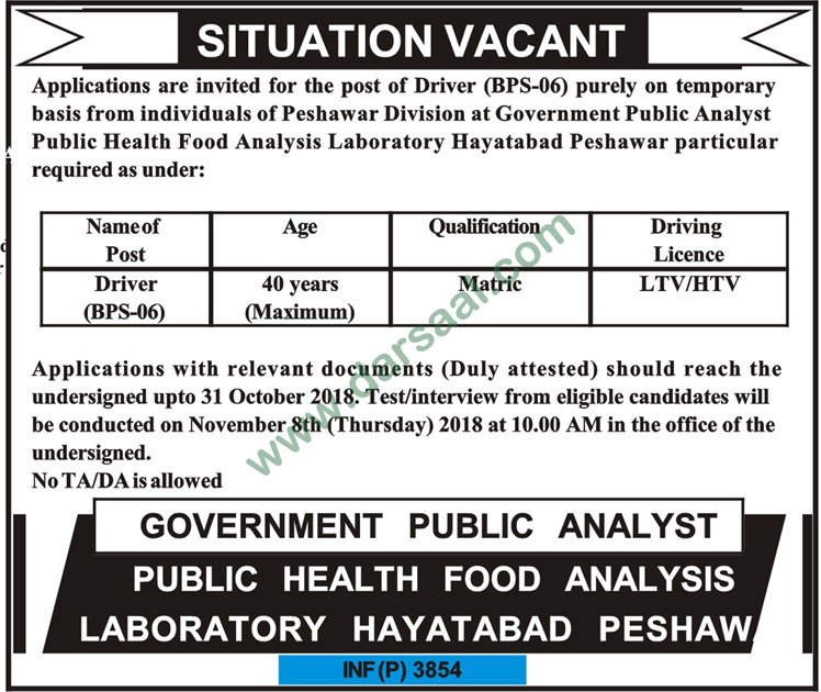 Driver Jobs in Government Departments in Peshawar - Oct 06, 2018