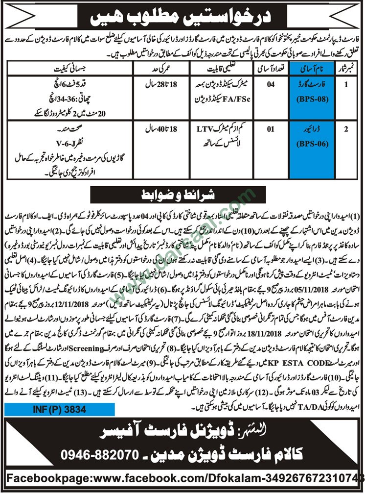 Forest Guard Jobs in Forest Department in Swat - Oct 06, 2018