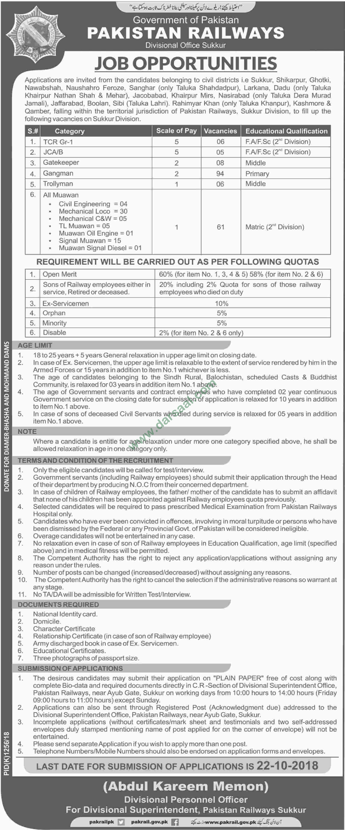 Trolley Man Jobs in Pakistan Railways in Nasirabad - Oct 06, 2018
