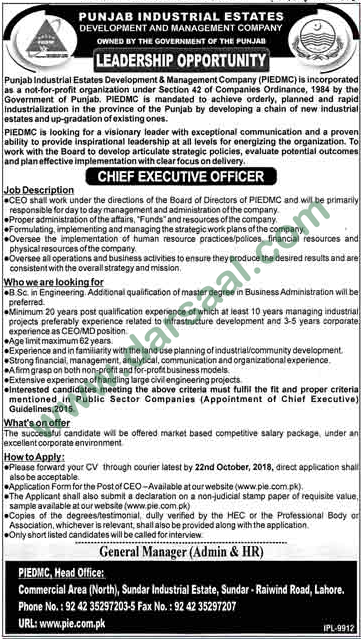 Executive Officer Jobs in Punjab Industrial Estates in Lahore - Oct 06, 2018