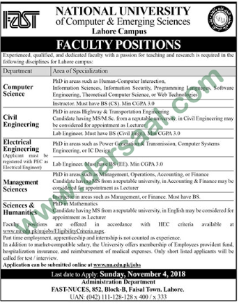Research Jobs in National University of Computer and Emerging Sciences in Lahore - Oct 28, 2018