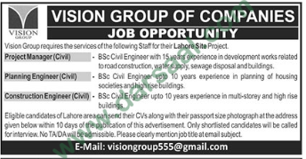 Planning Engineering Jobs in Vision Group of Companies in Lahore - Oct 28, 2018
