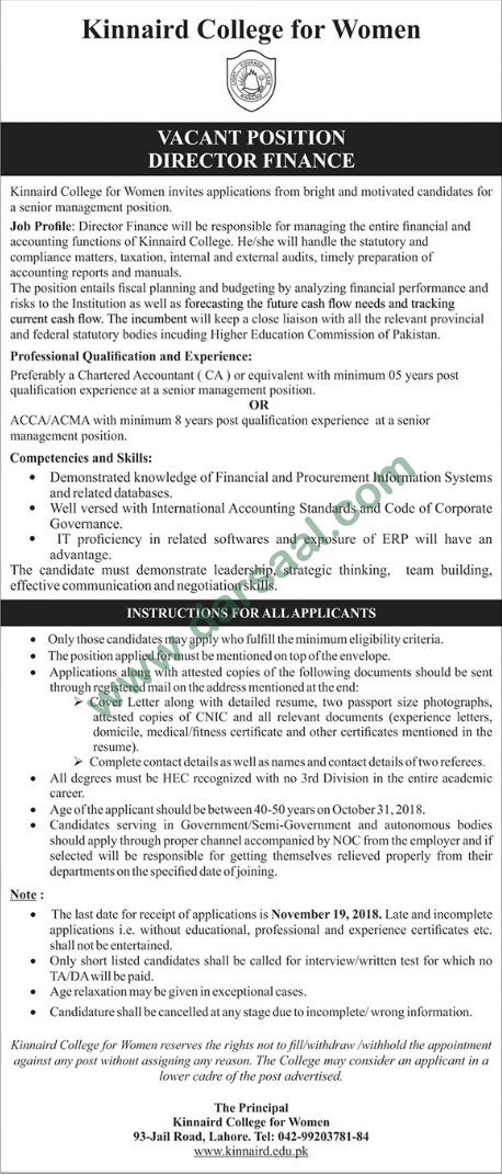 Director Finance Jobs in Kinnaird College for Women University in Lahore - Oct 28, 2018