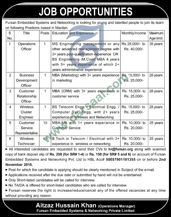 Wireless Technician Jobs in Fursan Embedded Systems and Networking in Mardan - Oct 28, 2018