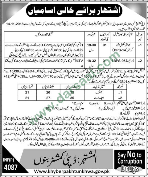 Stenographer Jobs in Government Departments in Bannu - Oct 28, 2018