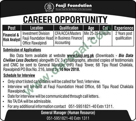 Finance Officer Jobs in Fauji Foundation in Rawalpindi - Oct 28, 2018