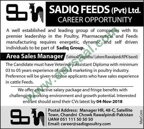 Sales Manager Jobs in Sadiq Feeds Pvt in Rawalpindi - Oct 28, 2018
