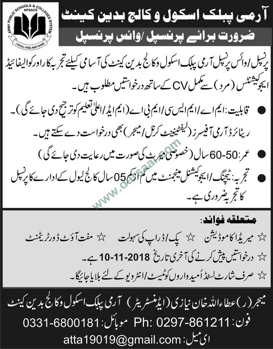 Principal Jobs in Army Public Schools & Colleges in Badin - Oct 28, 2018
