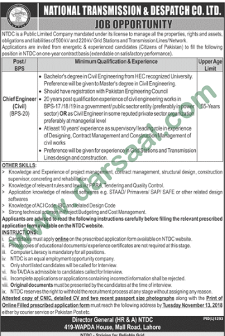 Chief Engineer Jobs in National Transmission & Dispatch Company in Lahore - Oct 28, 2018