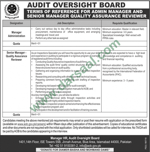 Senior Manager Jobs in Audit Oversight Board in Islamabad - Oct 28, 2018