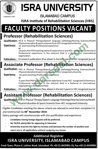 Assistant Professor Jobs in Isra University Welfare Hospital in Islamabad - Oct 28, 2018