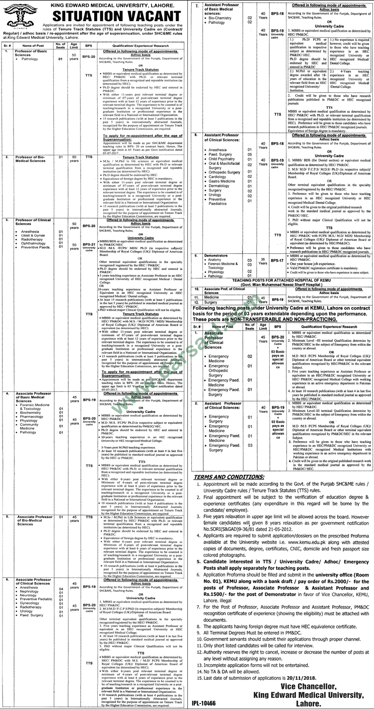 Demonstrator Jobs in King Edward Medical University in Lahore - Oct 28, 2018