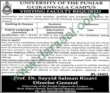 Teaching Jobs in University of Punjab in Gujranwala - Oct 28, 2018