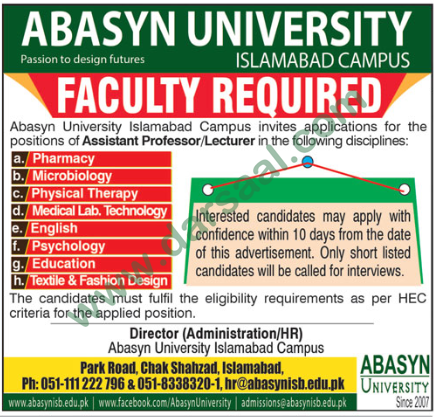 Assistant Professor Jobs in Abasyn University in Islamabad - Oct 28, 2018