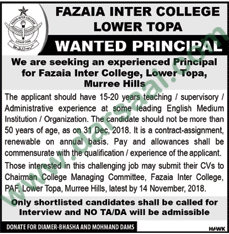 Principal Jobs in Fazaia Intermediate College in Murree - Nov 05, 2018