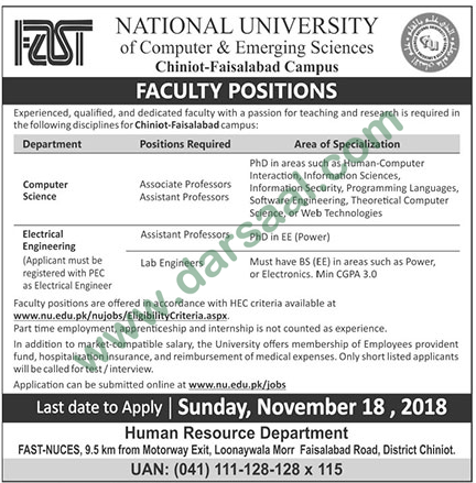 Assistant Professor Jobs in National University of Computer and Emerging Sciences in Faisalabad - Nov 11, 2018