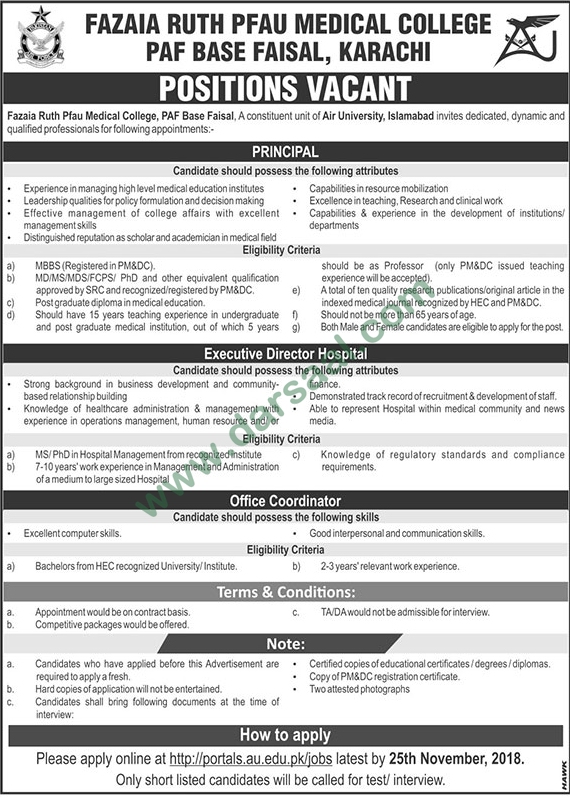 Principal Jobs in Fazaia Ruth PFAU Medical College in Karachi - Nov 11, 2018