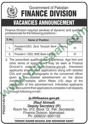 President Jobs in Finance Department in Islamabad - Nov 11, 2018