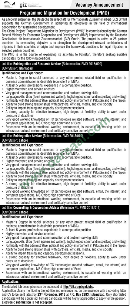 Research Advisor Jobs in Deutsche Gesellschaft für Internationale Zusammenarbeit in Islamabad - Nov 11, 2018