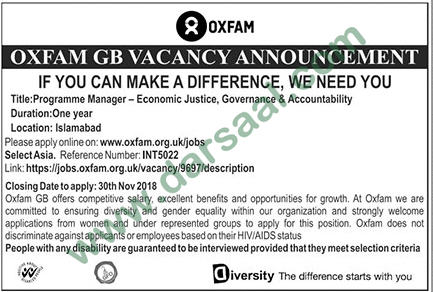 Program Manager Jobs in Oxfam in Islamabad - Nov 11, 2018