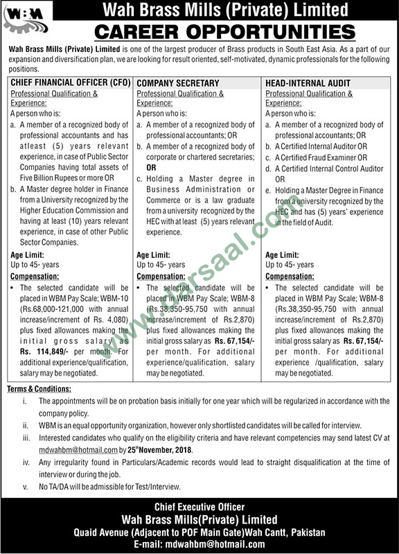 Finance Officer Jobs in Wah Brass Mill in Wah Cantt - Nov 11, 2018