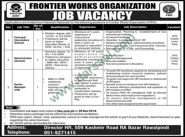 Admin Jobs in Frontier Works Organization in Rawalpindi - Nov 11, 2018