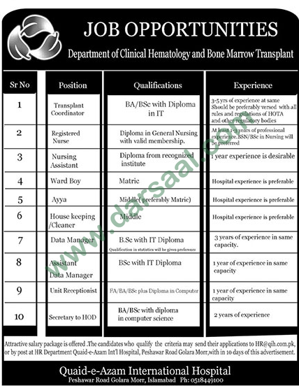 Assistant Manager Jobs in Quaid-e-Azam International Hospital in Islamabad - Nov 11, 2018