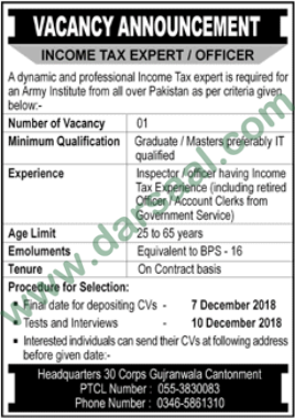 Income Tax Expert Jobs in Pakistan Army in Gujranwala - Nov 27, 2018