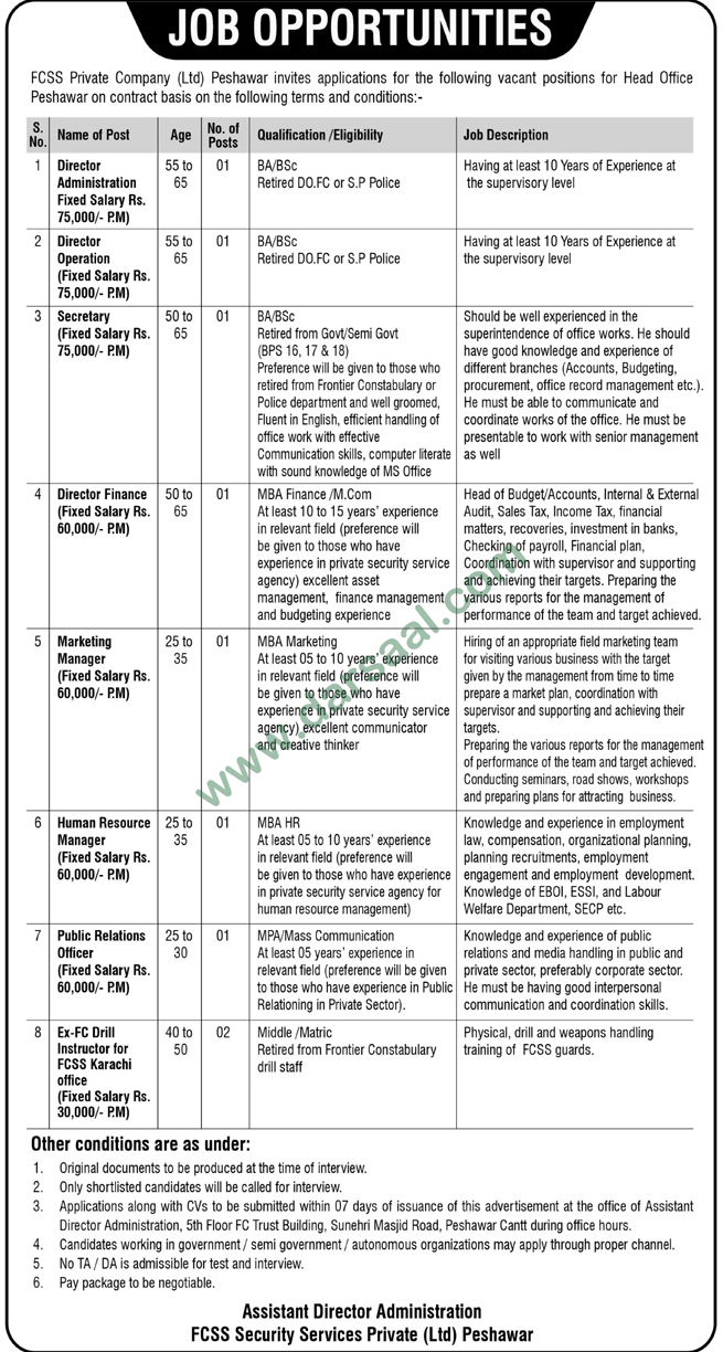 Director Administration Jobs in FCSS Security Services in Karachi - Nov 27, 2018