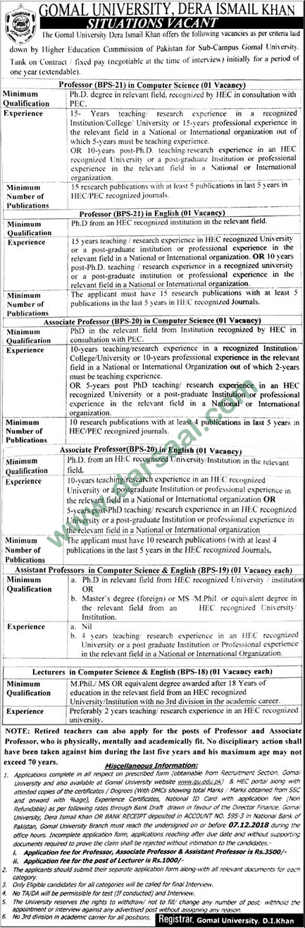 Assistant Professor Jobs in Gomal University in Dera Ismail Khan - Nov 27, 2018