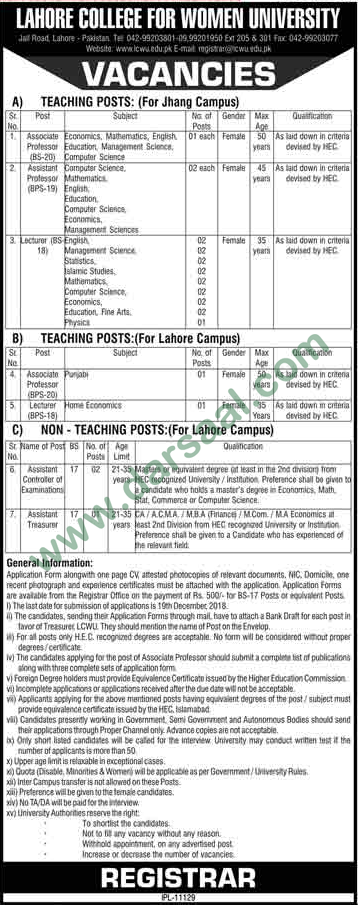 Assistant Treasurer Jobs in Lahore College for Women University in Lahore - Nov 27, 2018