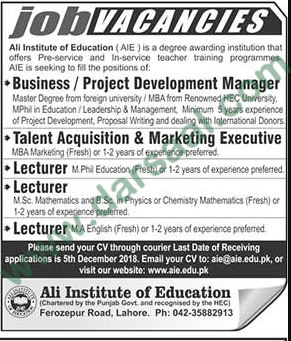 Marketing Executive Jobs in Ali Institute of Education in Lahore - Nov 27, 2018