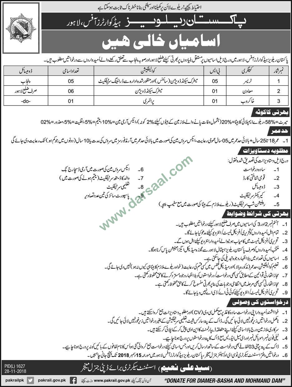 Khakrob Jobs in Pakistan Railways in Taxila - Nov 28, 2018