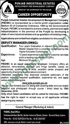 Deputy Manager Jobs in Punjab Industrial Estates in Lahore - Nov 28, 2018